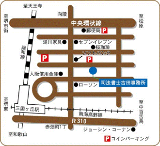 三国ヶ丘駅前と事務所周辺の地図